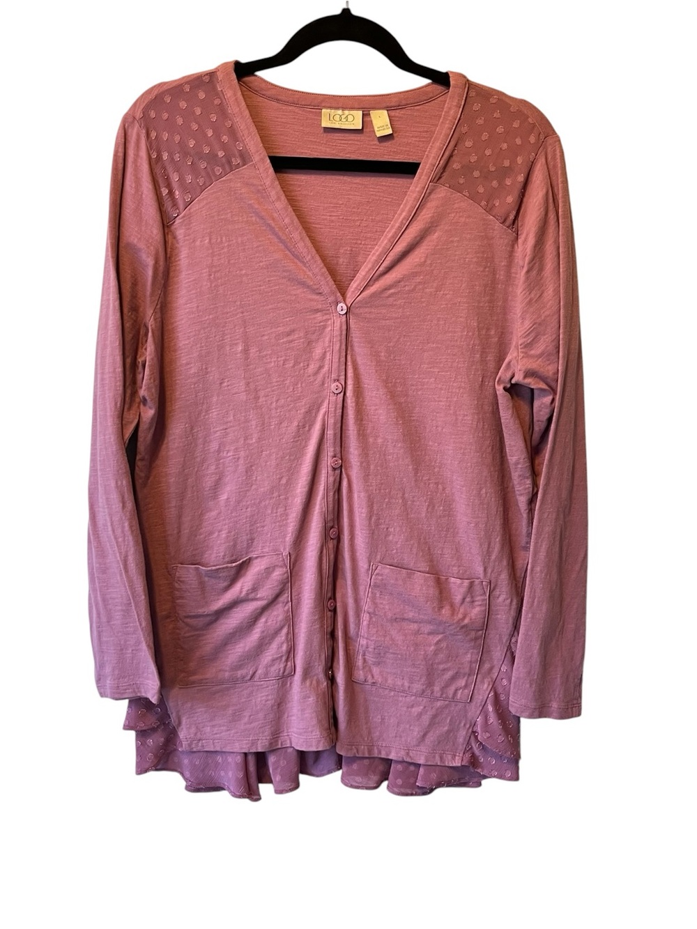 Logo Lori Goldstein tunic blouse L Lavender Long sleeve V-neck Womens top